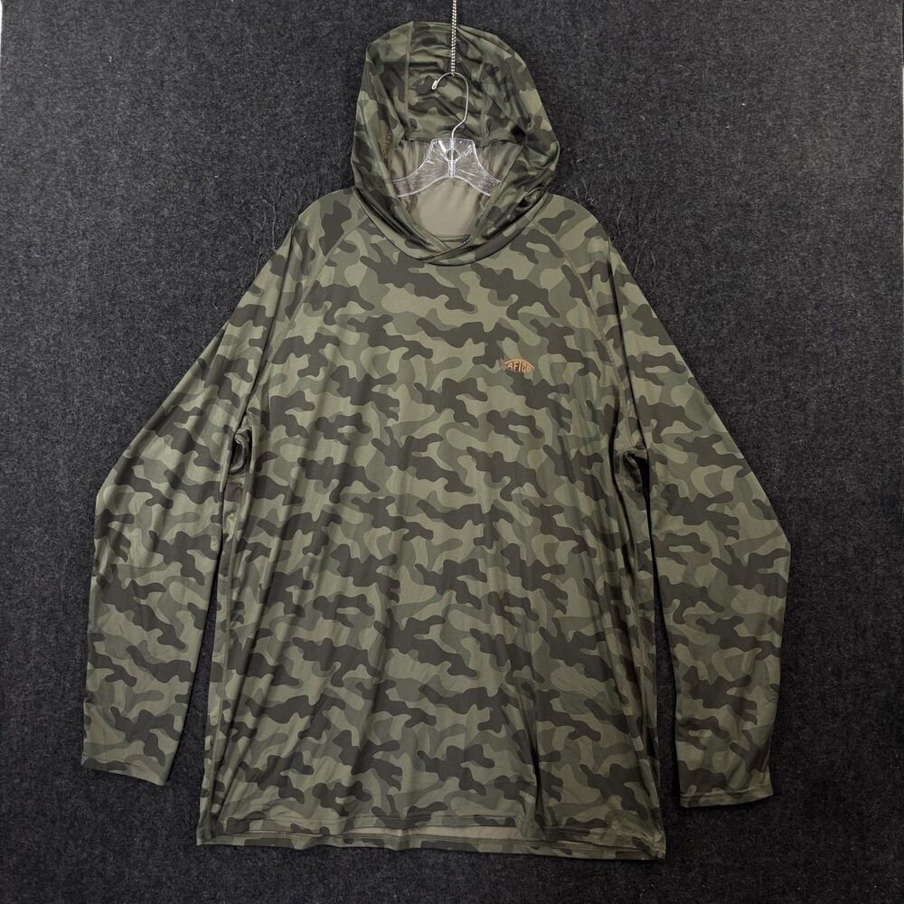 AFTCO Shirt Hoodie Men's XXL Green Camo Performance Fishing Stretch